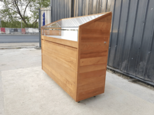 Glass display cabinet with 2 drawers, teak, brown