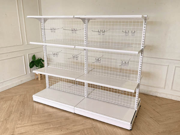2-sided product shelf, 8 shelves, steel frame, white