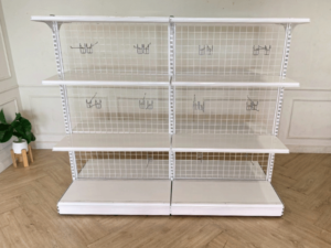 2-sided product shelf, 8 shelves, steel frame, white