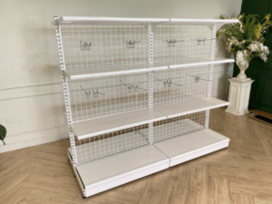 2-sided product shelf, 8 shelves, steel frame, white