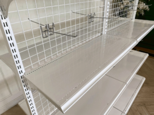 2-sided product shelf, 8 shelves, steel frame, white