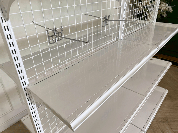 2-sided product shelf, 8 shelves, steel frame, white