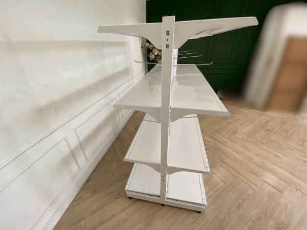 2-sided product shelf, 8 shelves, steel frame, white
