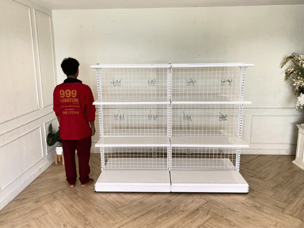 2-sided product shelf, 8 shelves, steel frame, white