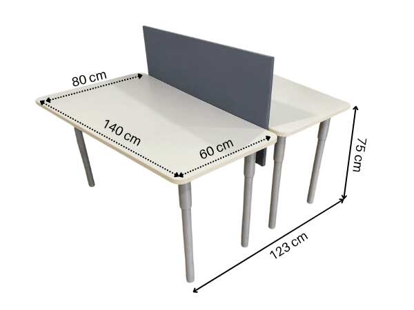 2-seat work table, steel legs, wooden top, with partition 140 cm.