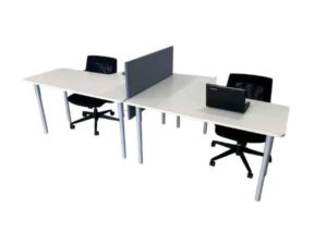 L-shaped corner desk, 2 seats, steel legs, wooden top