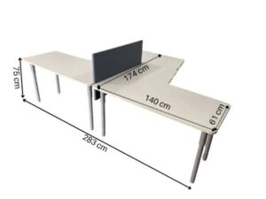 L-shaped corner desk, 2 seats, steel legs, wooden top