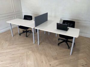 L-shaped corner desk, 2 seats, steel legs, wooden top