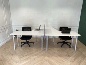 L-shaped corner desk, 2 seats, steel legs, wooden top