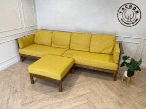 4-seat sofa with stool, wooden frame, fabric cushion, yellow, Yachon brand