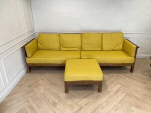 4-seat sofa with stool, wooden frame, fabric cushion, yellow, Yachon brand