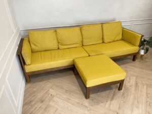 4-seat sofa with stool, wooden frame, fabric cushion, yellow, Yachon brand