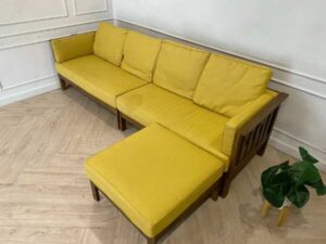 4-seat sofa with stool, wooden frame, fabric cushion, yellow, Yachon brand