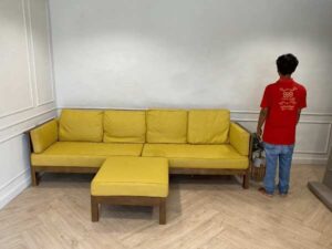 4-seat sofa with stool, wooden frame, fabric cushion, yellow, Yachon brand
