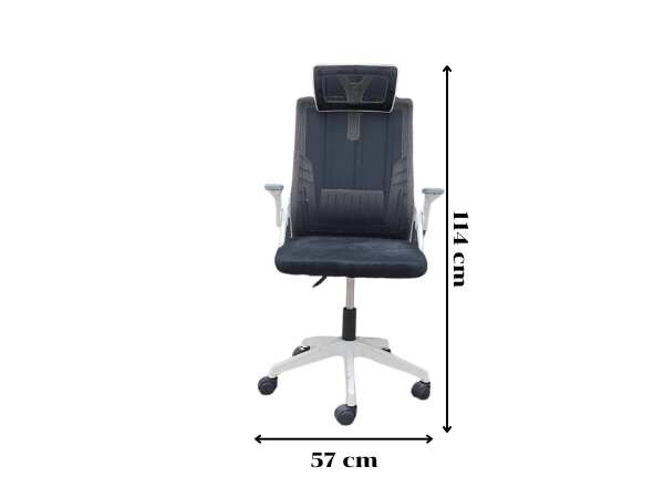 Office chair, fabric cushion, black mesh backrest, white legs
