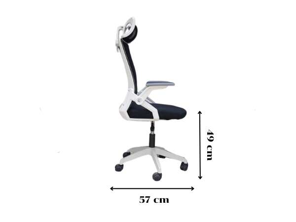 Office chair, fabric cushion, black mesh backrest, white legs
