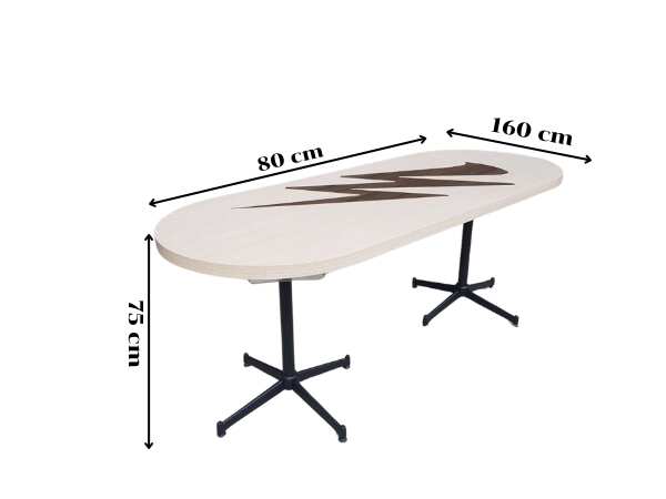 Dining table, steel legs, wooden top, cream color, 197 x 80 cm.