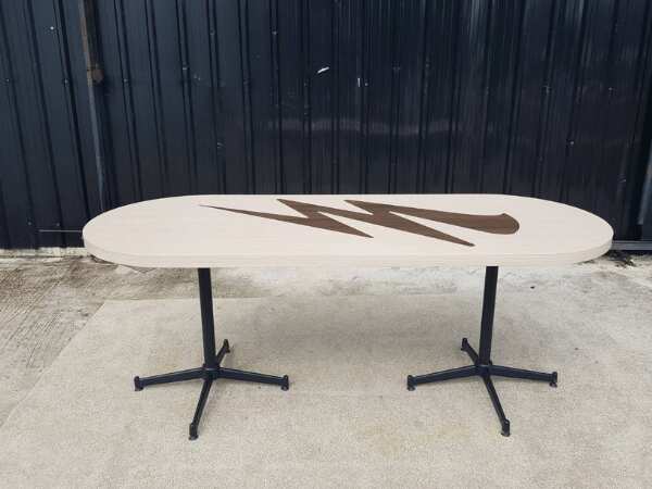 Dining table, steel legs, wooden top, cream color, 197 x 80 cm.
