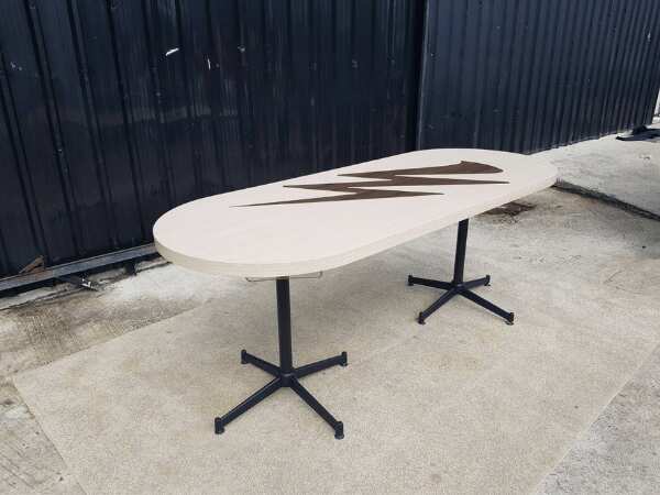Dining table, steel legs, wooden top, cream color, 197 x 80 cm.