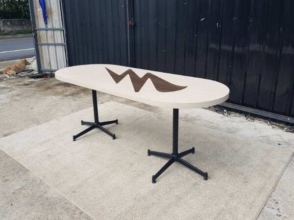 Dining table, steel legs, wooden top, cream color, 197 x 80 cm.