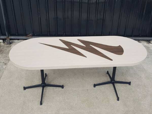 Dining table, steel legs, wooden top, cream color, 197 x 80 cm.