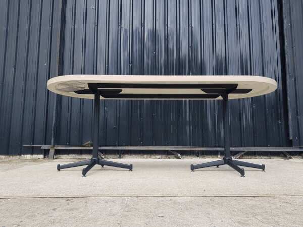Dining table, steel legs, wooden top, cream color, 197 x 80 cm.