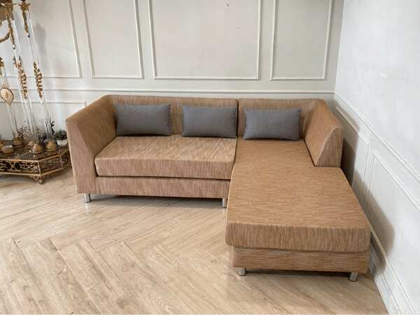 Left corner L-shaped sofa, 2 seats, fabric cushion, brown color *New, never used