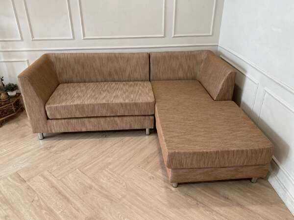 Left corner L-shaped sofa, 2 seats, fabric cushion, brown color *New, never used