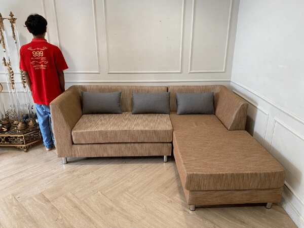 Left corner L-shaped sofa, 2 seats, fabric cushion, brown color *New, never used