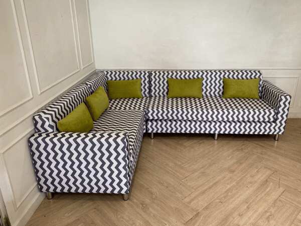3-seat L-shaped corner sofa, fabric cushion, black and white pattern