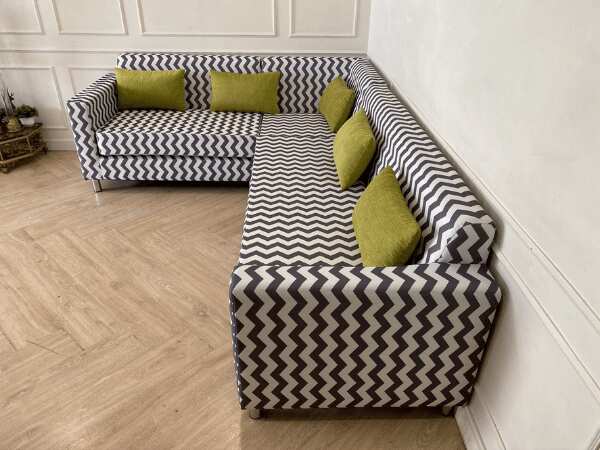 3-seat L-shaped corner sofa, fabric cushion, black and white pattern