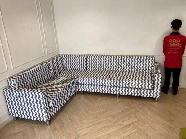 3-seat L-shaped corner sofa, fabric cushion, black and white pattern
