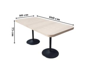 Dining table, black round steel legs, cream wood top, 160 x 80 cm.