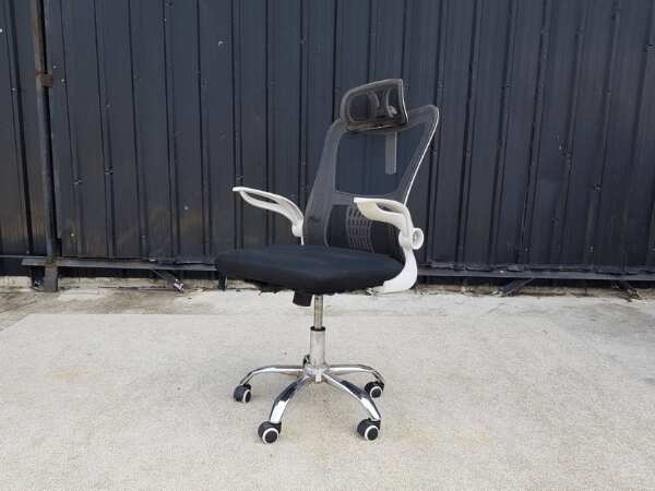 Office chair, fabric cushion, mesh backrest, black with white edges