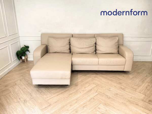 3-seat L-shaped corner sofa, leather cushion, cream color, Modernform brand