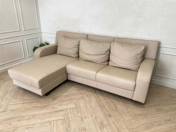 3-seat L-shaped corner sofa, leather cushion, cream color, Modernform brand