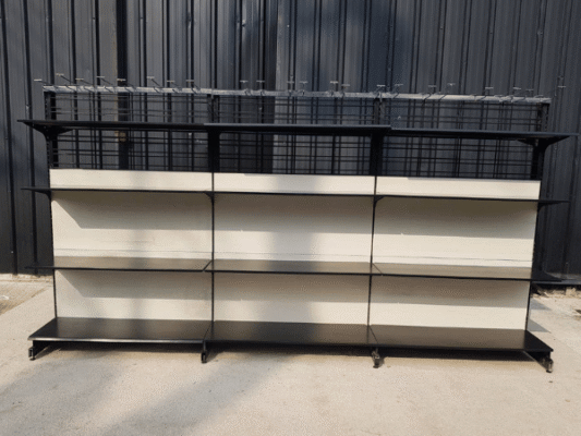 2-sided product shelf, 4 shelves, 3 compartments, steel frame, white