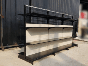 2-sided product shelf, 4 shelves, 3 compartments, steel frame, white