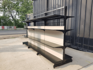 2-sided product shelf, 4 shelves, 3 compartments, steel frame, white