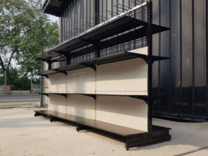 2-sided product shelf, 4 shelves, 3 compartments, steel frame, white