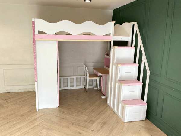 4-foot bunk bed for children with wardrobe, white, pink