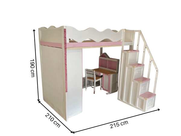 4-foot bunk bed for children with wardrobe, white, pink