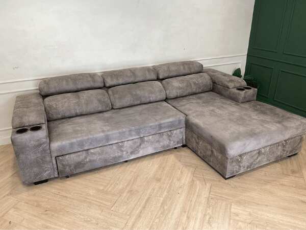 3-seat sofa bed, leather cushion, grey