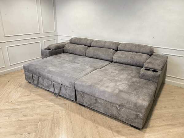 3-seat sofa bed, leather cushion, grey