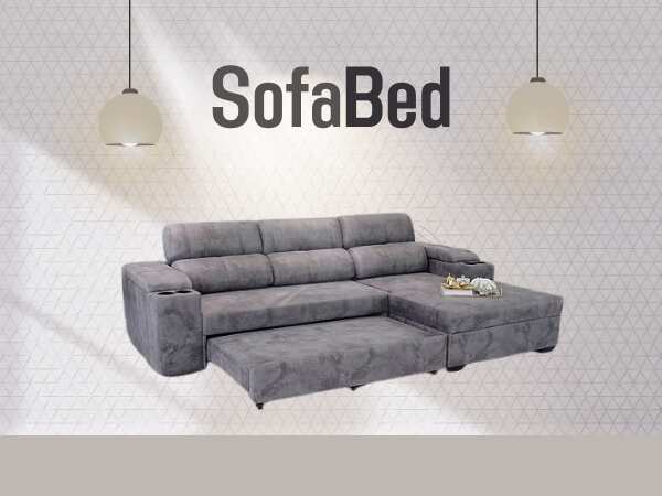 3-seat sofa bed, leather cushion, grey