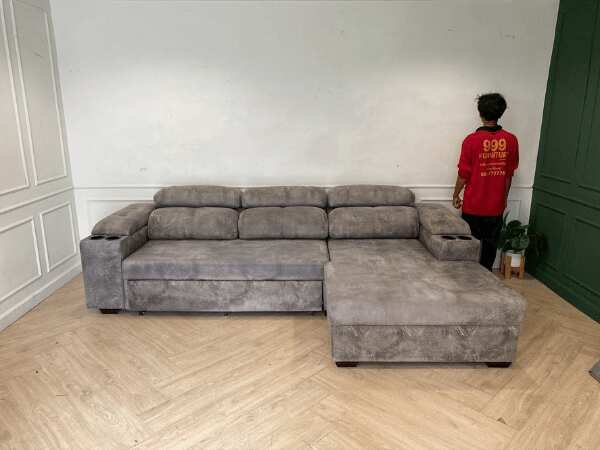 3-seat sofa bed, leather cushion, grey