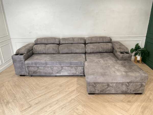3-seat sofa bed, leather cushion, grey
