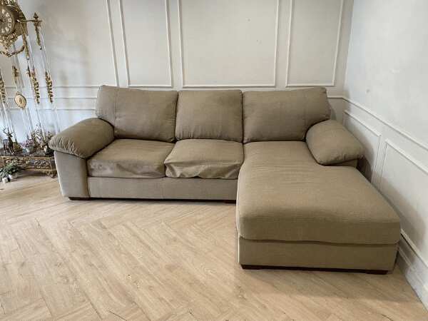 3-seat L-shaped corner sofa, fabric cushion, wooden frame, brown color