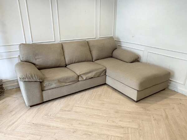 3-seat L-shaped corner sofa, fabric cushion, wooden frame, brown color