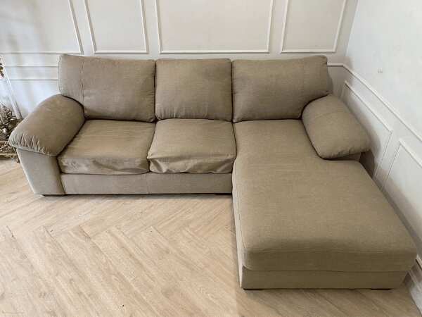 3-seat L-shaped corner sofa, fabric cushion, wooden frame, brown color